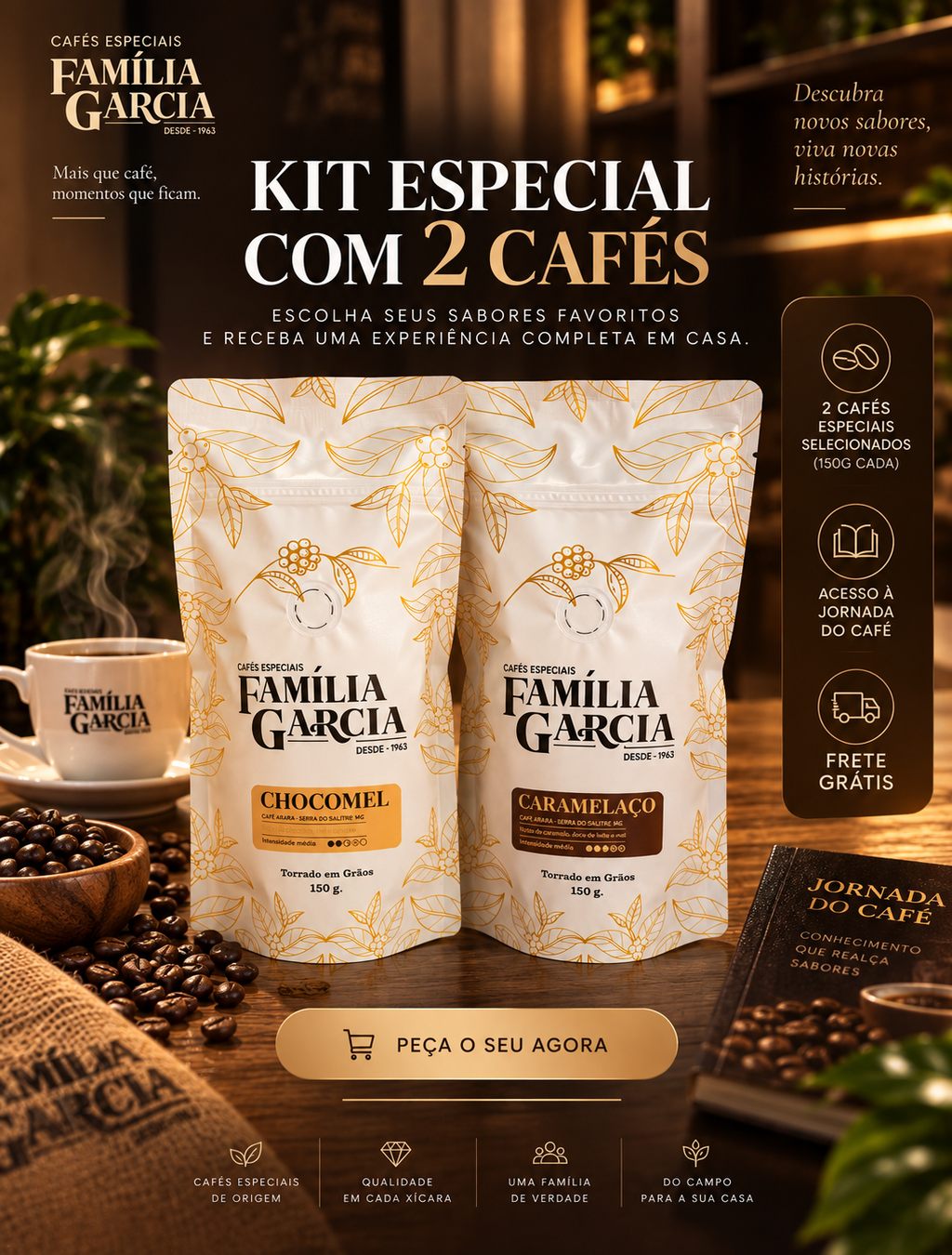 Kit Degustação Família Garcia | 2 Cafés + Curso + Frete Grátis