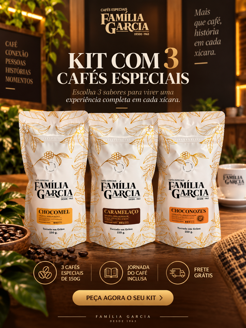 KIT DEGUSTAÇÃO FAMÍLIA GARCIA | 3 CAFÉS + CURSO + FRETE GRÁTIS